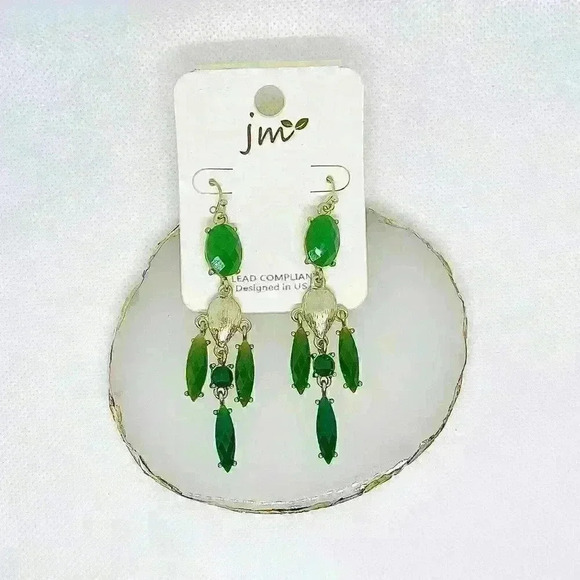 Green & Gold Dangling Statement Earrings - Picture 1 of 5